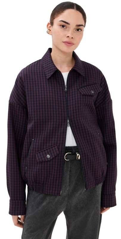 Tibi Jules Wool Gingham Bomber Jacket Wine/Navy Multi