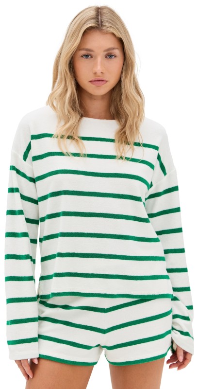 La Ligne Terry Long Sleeve Breton T-Shirt Ivory/Kelly Green