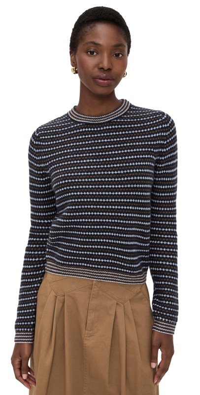 White & Warren Cashmere Textured Stripe Crew Sweater Blue Combo