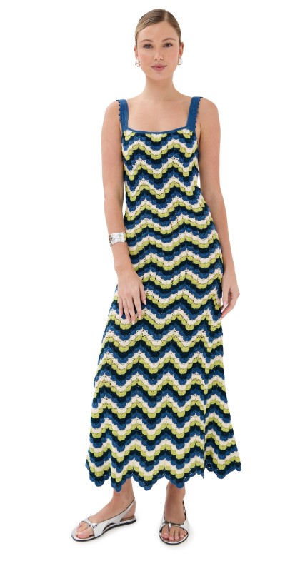 ESCVDO Marea Crochet Maxi Dress Blues/Lime Green