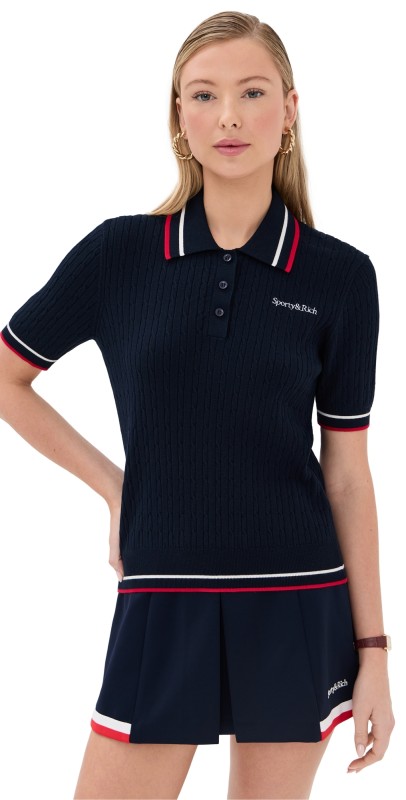 Sporty & Rich Serif Logo Mila Short Sleeves Polo Navy White/Bright Red