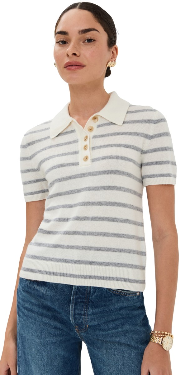 Veronica Beard Brandt Cashmere Polo Ivory/Heather Grey