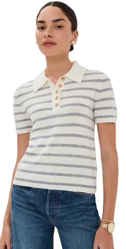 Veronica Beard Brandt Cashmere Polo Ivory/Heather Grey