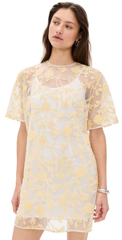 ROTATE Flower Beads Boxy Dress Egret Comb