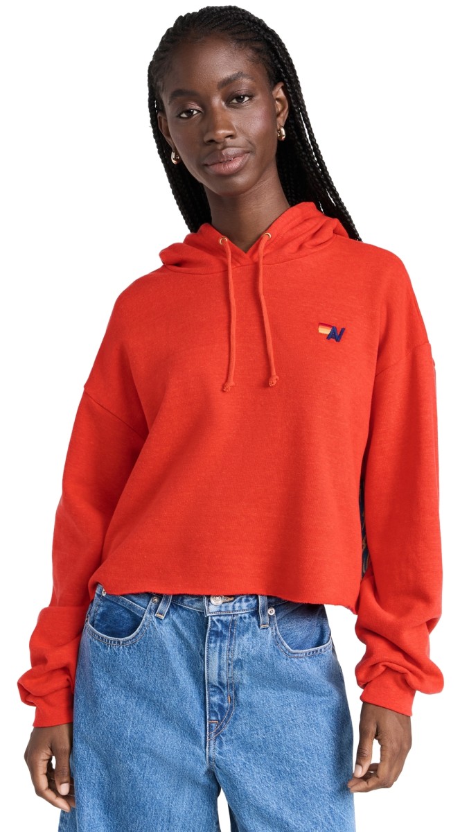 Aviator Nation Bolt Stripe Relaxed Cropped Hoodie Red