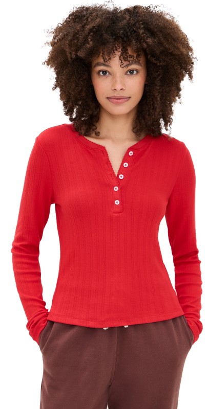 Z Supply Holly Pointelle Long Sleeve Top Festive Red