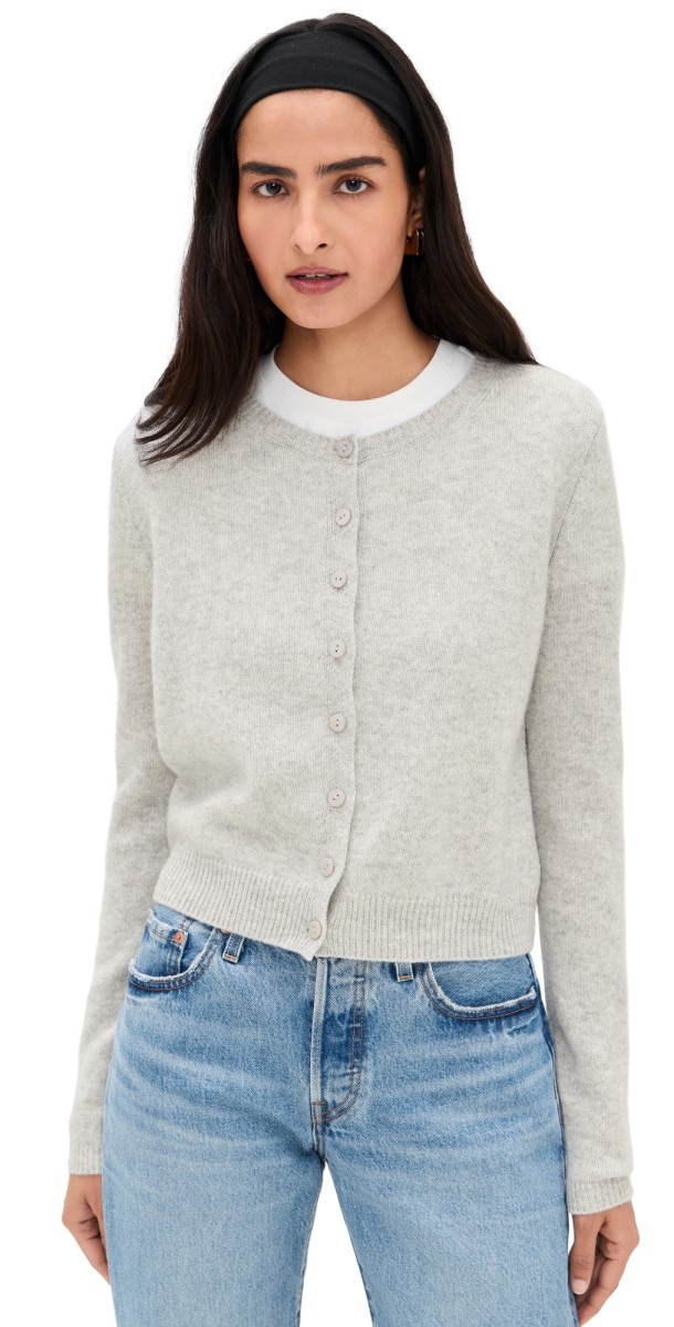 Reformation Clara Cashmere Crew Cardigan Light Grey