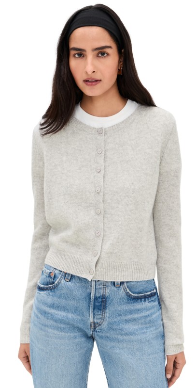 Reformation Clara Cashmere Crew Cardigan Light Grey