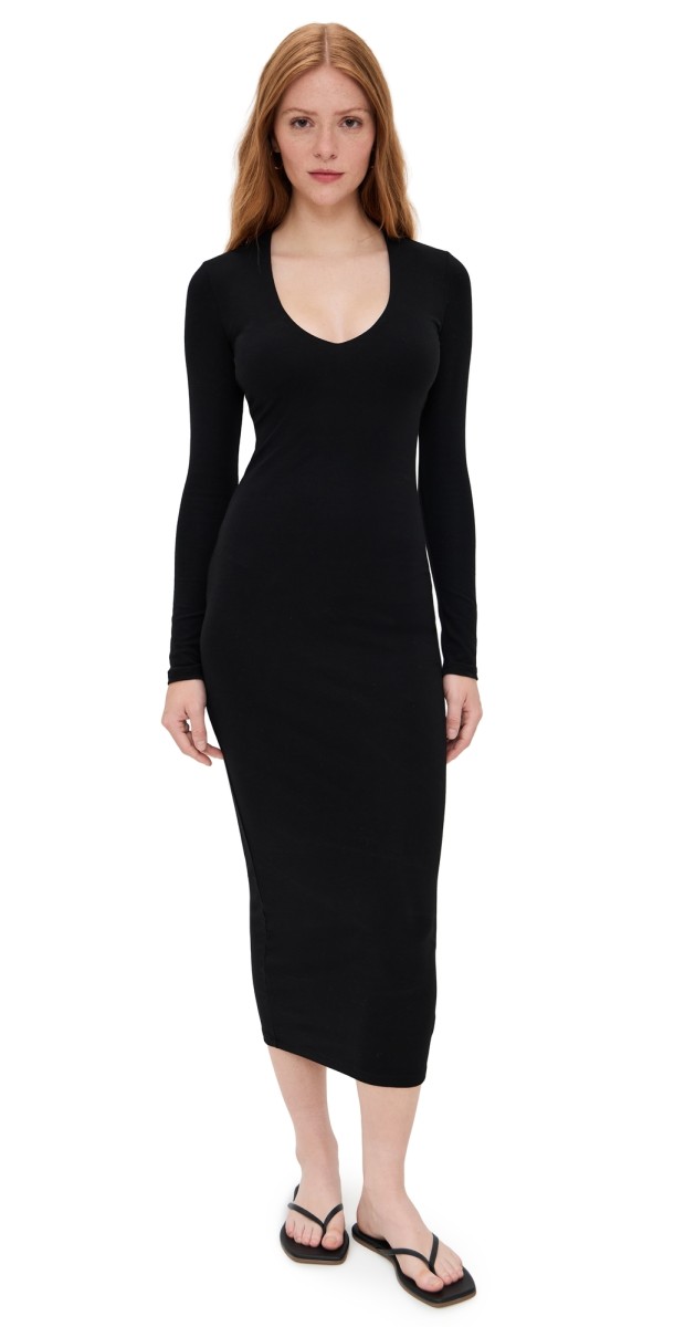 James Perse Stretch Lotus Deep V Dress Black