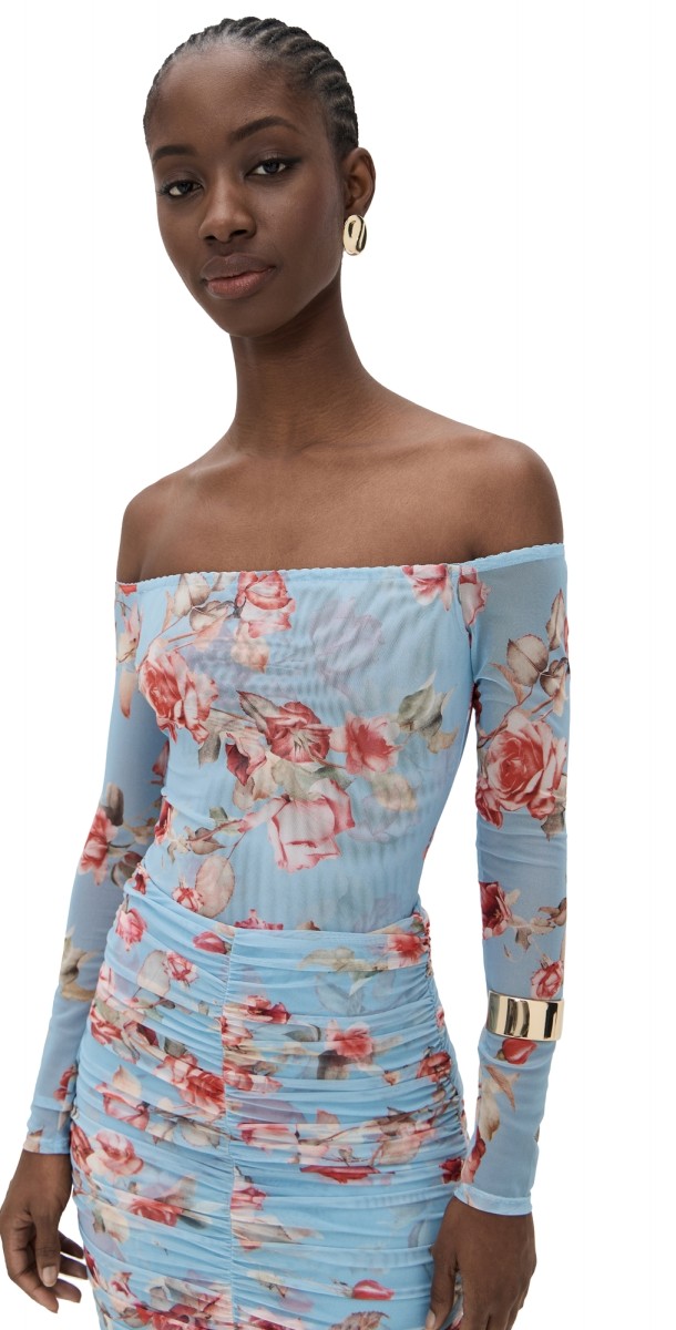 L'AGENCE Peonie Off Shoulder Thong Bodysuit Lt Blue Tapestry Floral