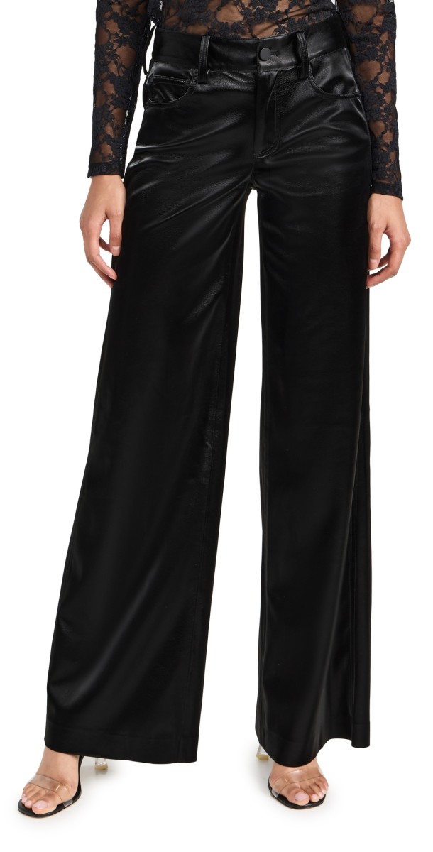 alice + olivia Trish Shiny Vegan Leather Baggy Pants Black