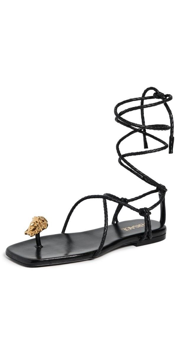 Versace T.10 Lamb Leather Flat Sandals Black-Versace Gold