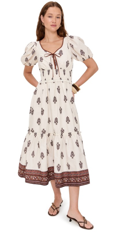 Moon River Puff Sleeve Midi Dress Cream Multi