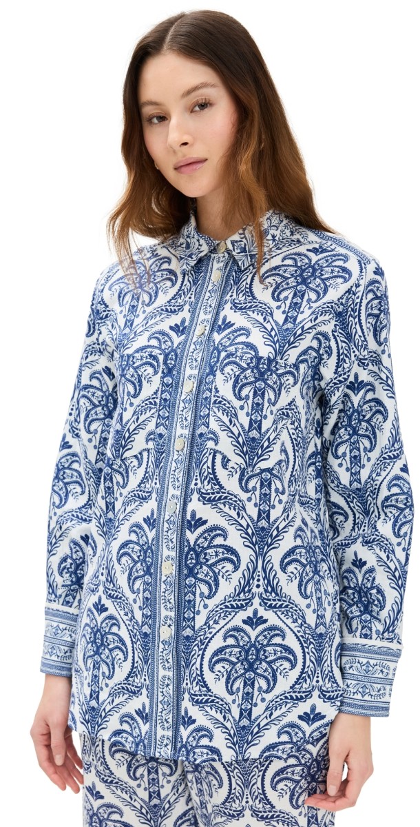 FARM Rio Blue Tropical Cameo Off-White Pajama Shirt Blue Tropical Cameo Off-White