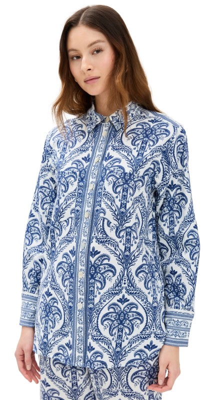 FARM Rio Blue Tropical Cameo Off-White Pajama Shirt Blue Tropical Cameo Off-White