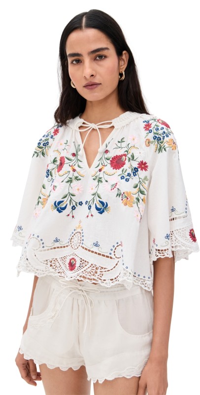 Sea Celia Embroidery Short Sleeve Top Cream