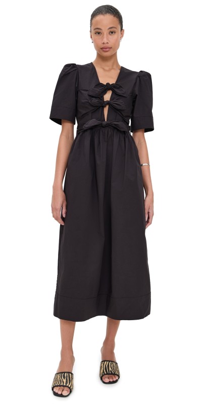 GANNI Stretch Cotton Tie Strap Midi Dress Black