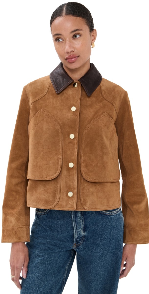Veronica Beard Walters Leather Cropped Barn Jacket Whisky