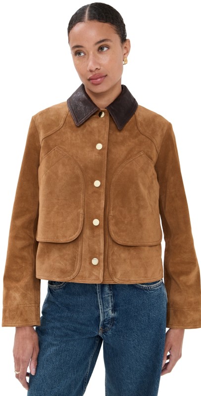 Veronica Beard Walters Leather Cropped Barn Jacket Whisky