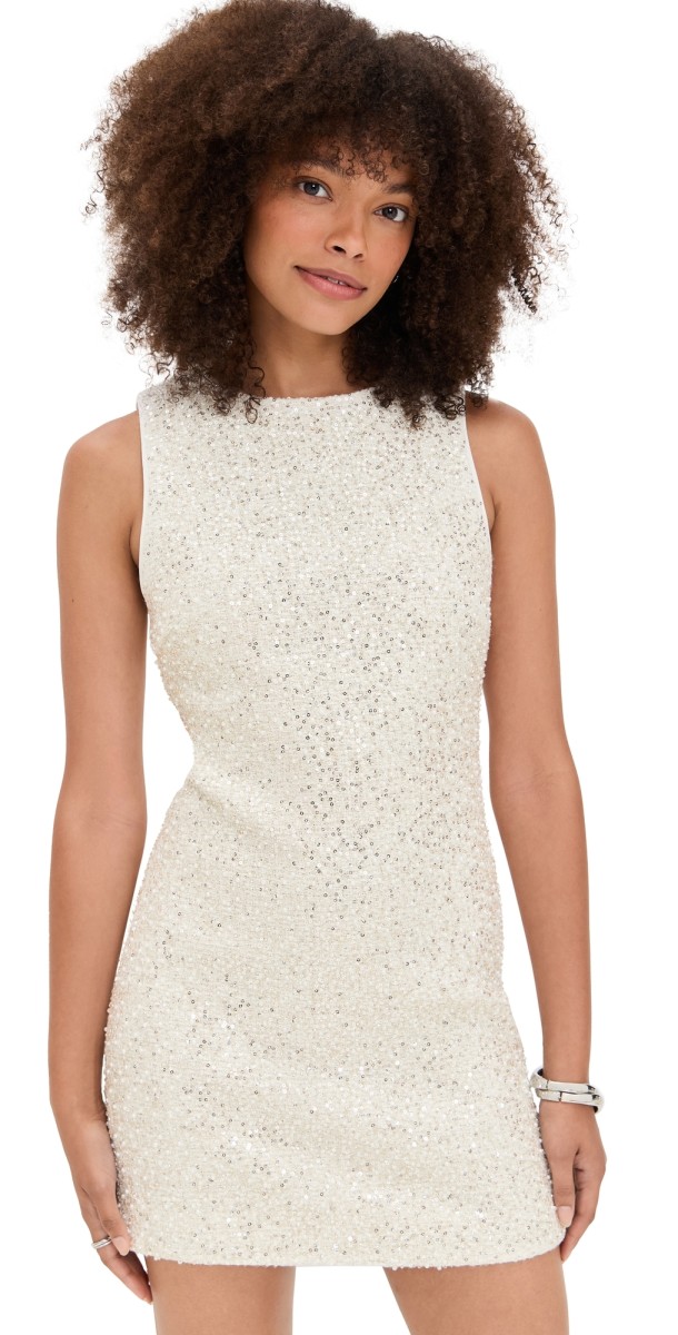 alice + olivia Cade Embellished Sleeveless Shift Mini Dress Off White