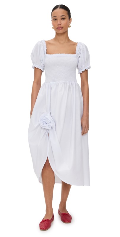 Sleeper Brigitte Cotton Dress with Rose Detail White