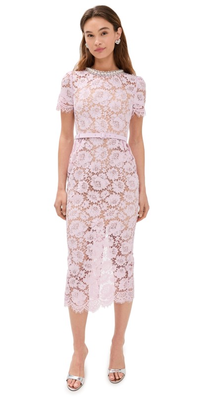 Self Portrait Pink Fine Lace Pearl Midi Dress Pink