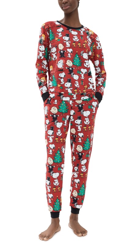 BedHead PJs Cotton Knit Long Sleeve Joggers PJ Set Peanuts Festive Fun