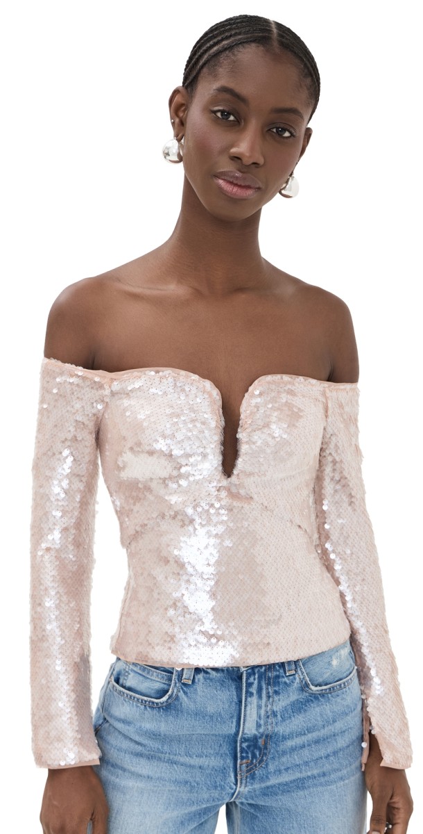 Self Portrait Sequin Off Shoulder Top Beige