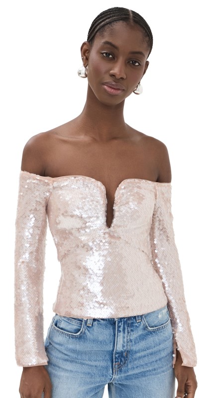 Self Portrait Sequin Off Shoulder Top Beige