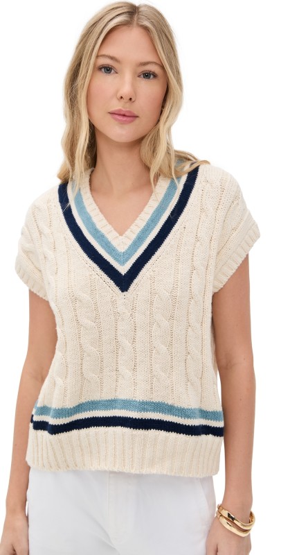 Polo Ralph Lauren Sleeveless V Neck Pullover Sweater Cream/Blue Multi