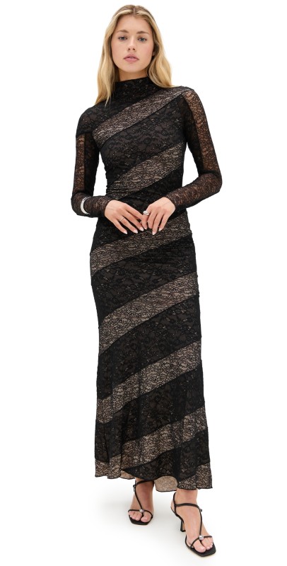 alice + olivia Delora Lace Paneled Mock Neck Dress Black