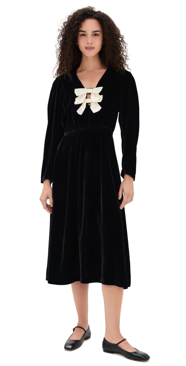 Sea Seraphine Velvet Long Sleeve Midi Dress Black