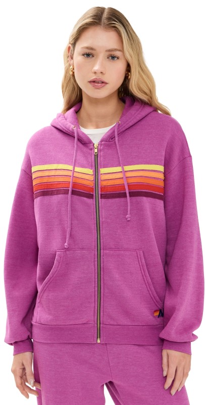 Aviator Nation 5 Stripe Zip Hoodie Relaxed Magenta/Orange Yellow