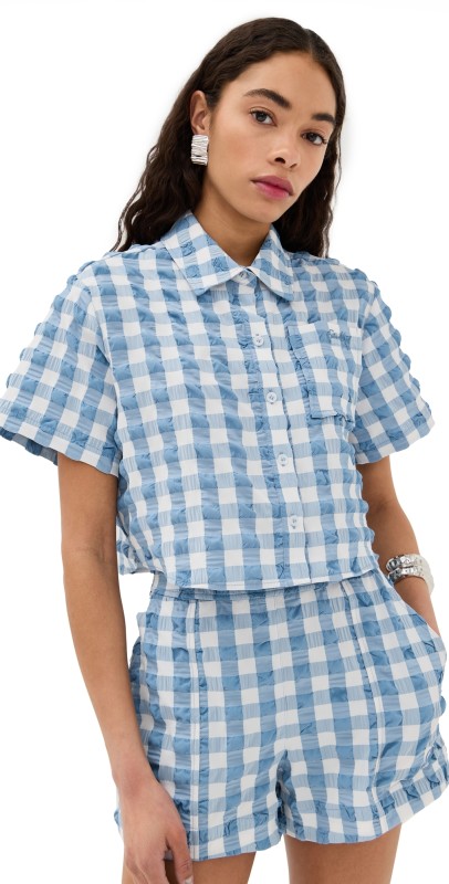 SIMKHAI Solange Short Sleeve Cropped Shirt Blue Hydrangea Gingham