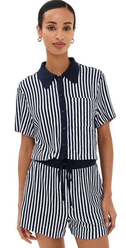 SIMKHAI Ireland Cropped Camp Shirt Midnight Stripe
