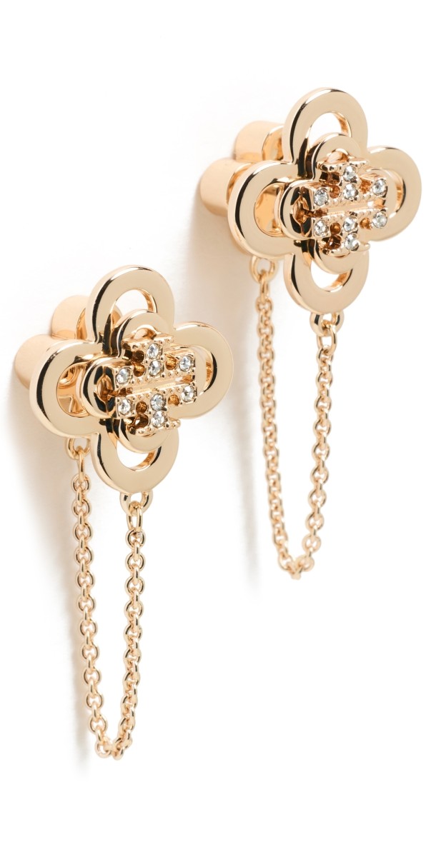 Tory Burch Kira Clover Front Back Stud Earrings Tory Gold/Crystal