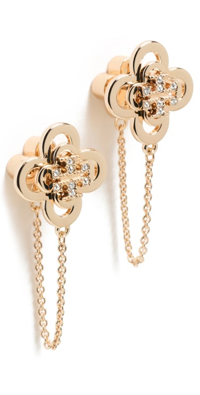 Tory Burch Kira Clover Front Back Stud Earrings Tory Gold/Crystal
