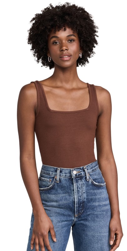 Ambitionist Ribbed Square Neck Tank Bodysuit Chocolate Brown
