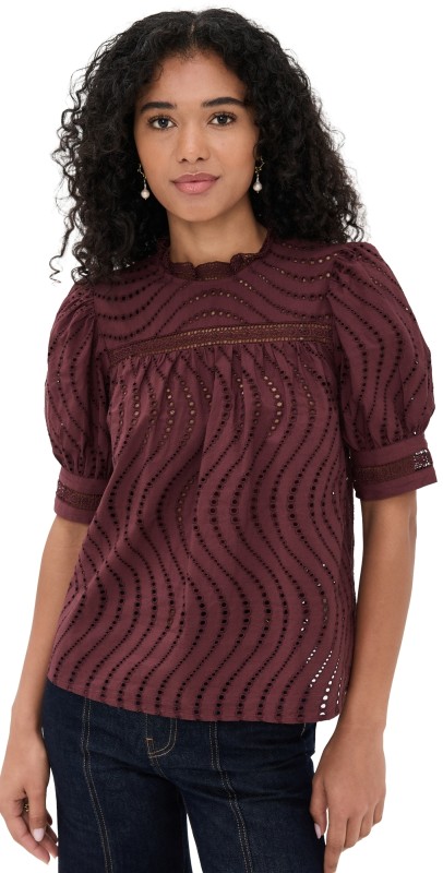 Ulla Johnson Virginia Lace Collar Short Sleeve Blouse Mulberry