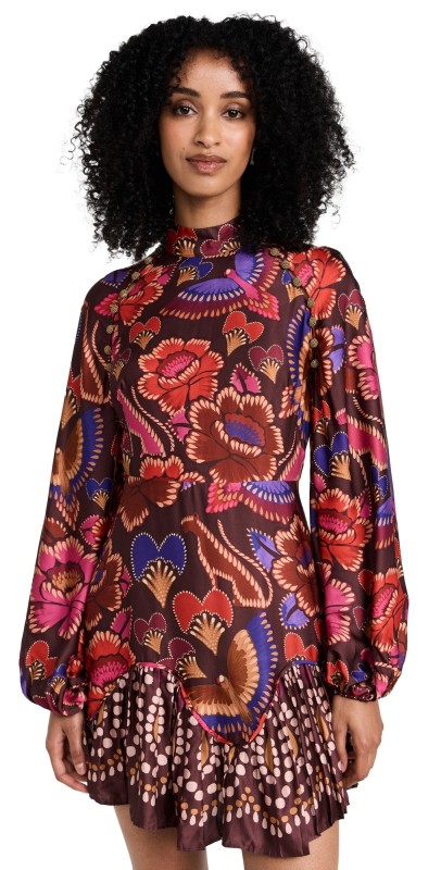 FARM Rio Bright Flora Brown Long Sleeve Mini Dress Bright Flora Brown