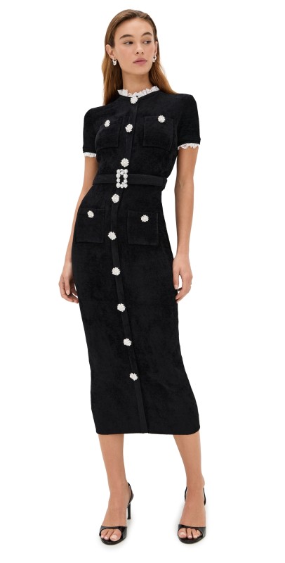 Self Portrait Black Chenille Knit Midi Dress Black
