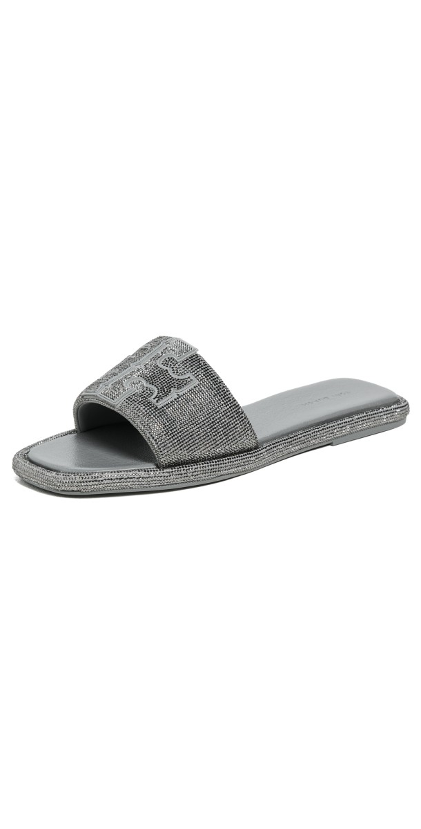 Tory Burch Double T Pave Sport Slides Lapis/Light Black Diamond