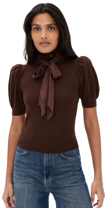alice + olivia Chase Puff Sleeve Ruffle Neck Sweater Dark Chocolate