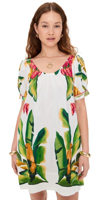 FARM Rio Summer Foliage Scarf Off-White Mini Dress Off White Multi
