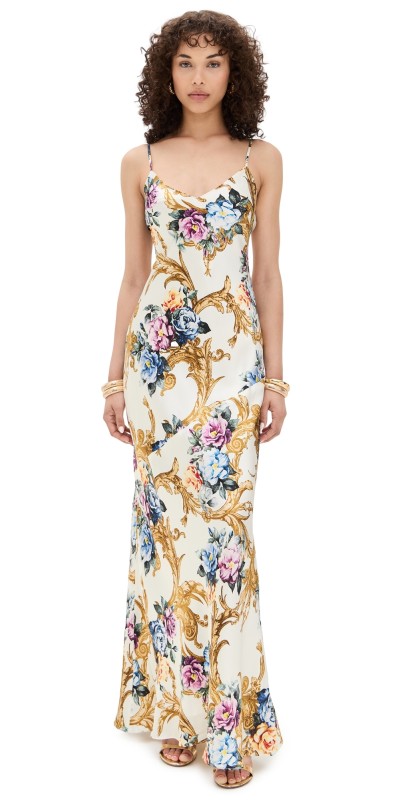L'AGENCE Serita Maxi V Neck Bias Dress Vintage White Large Floral Bar