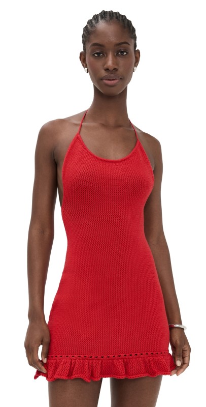 GUIZIO Crochet Halter Mini Dress Red Love