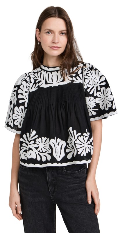 Sea Agathe Applique Short Sleeve Top Black