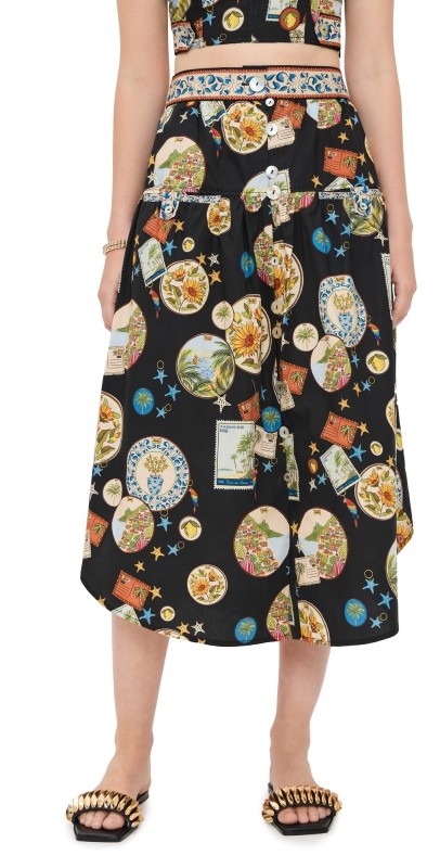 FARM Rio Trip Souvenir Black Mixed Buttons Midi Skirt Trip Souvenir Black