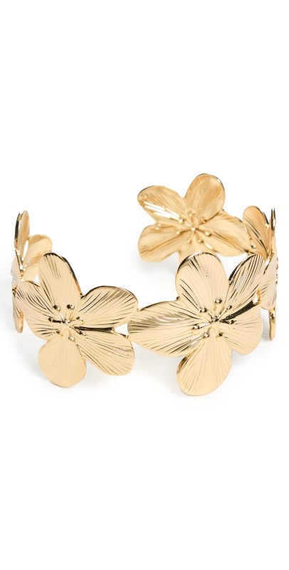 By Adina Eden Ridged Flowers Cuff Bangle Bracelet Gold