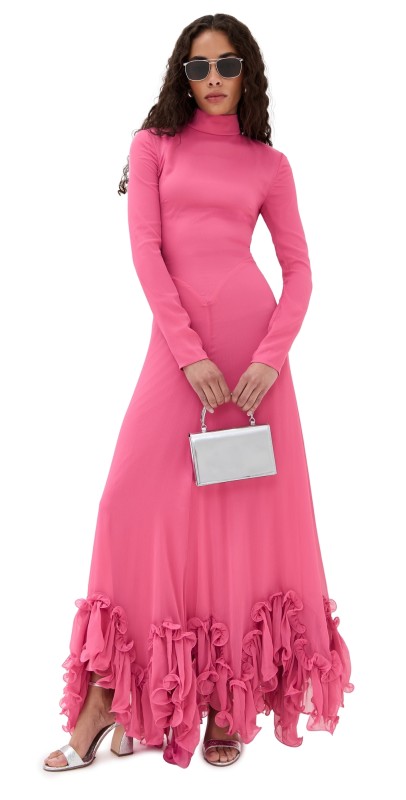 ROTATE Chiffon Maxi Ruffle Dress Carmine Rose
